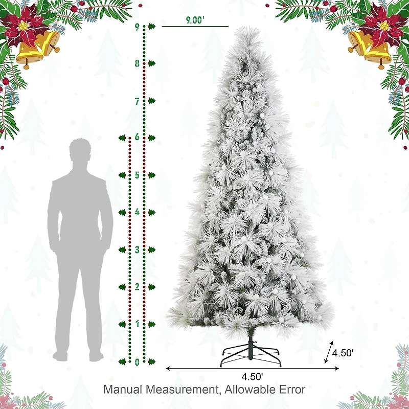 Glitzhome® 9ft Pre-Lit Flocked Full Pine Artificial Christmas Tree, Warm White LED Lights