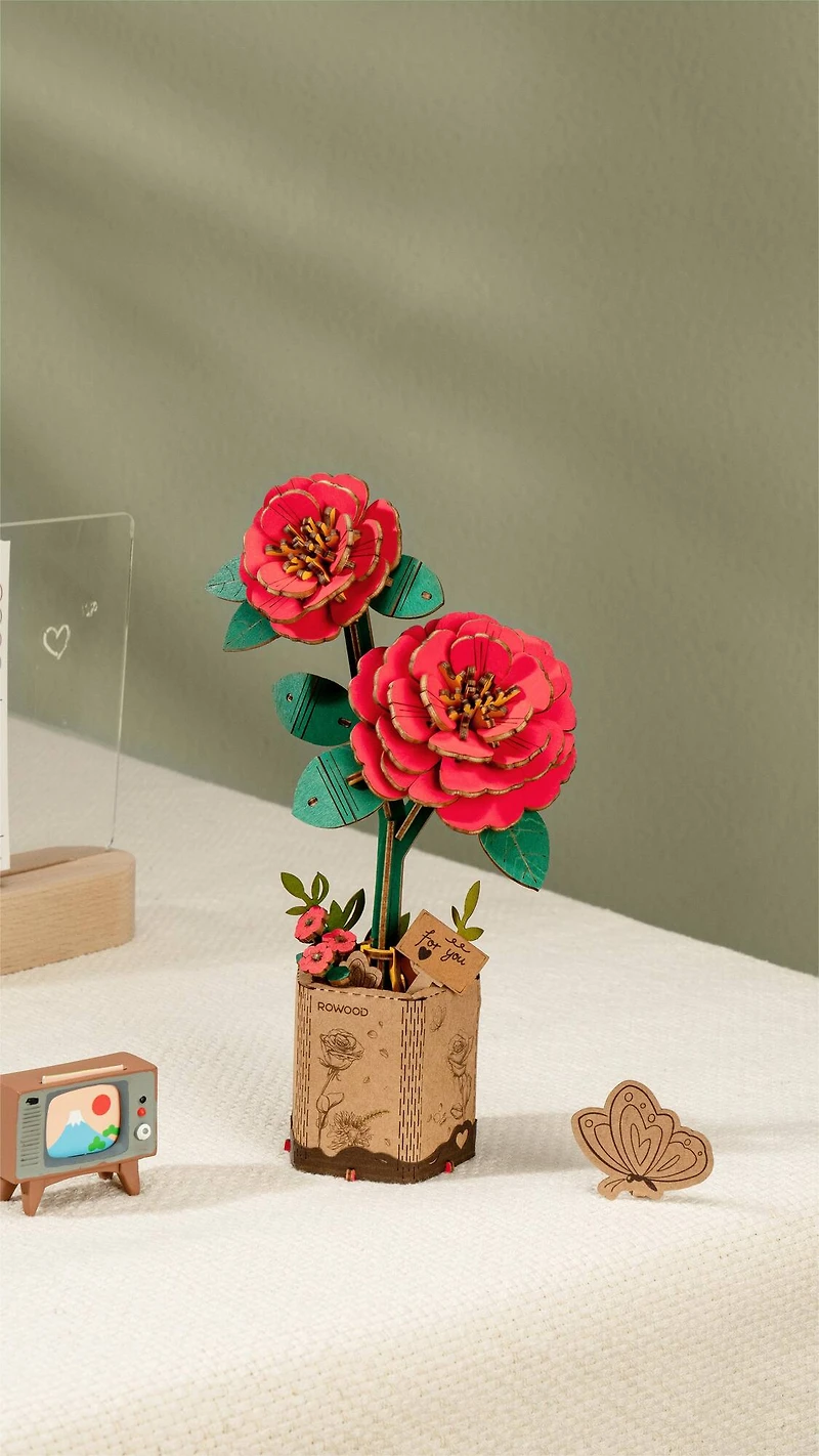 Rowood Red Camellia Wooden Bloom Craft