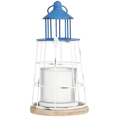 12" Blue Metal Distressed Decorative Light House Candle Lantern