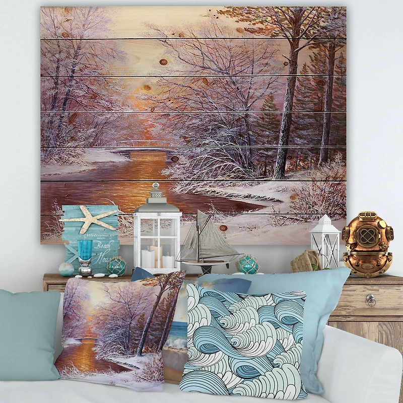 Designart Christmas Forest with River & Trees II Print on Natural Pine Wood