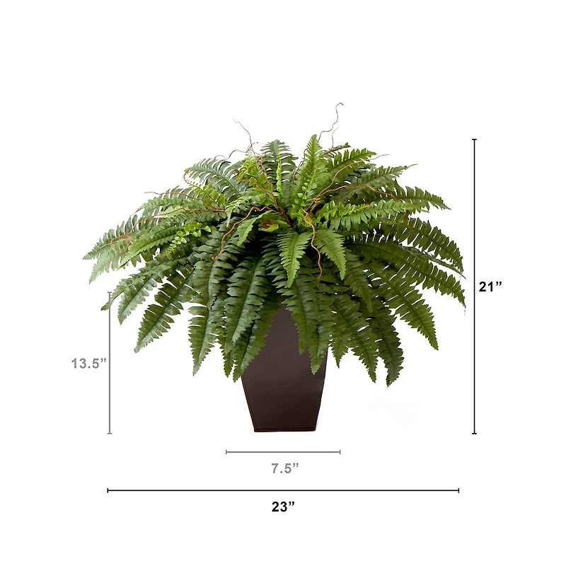 23" Artificial Boston Fern Plant with Tapered Bronze Square Metal Planter