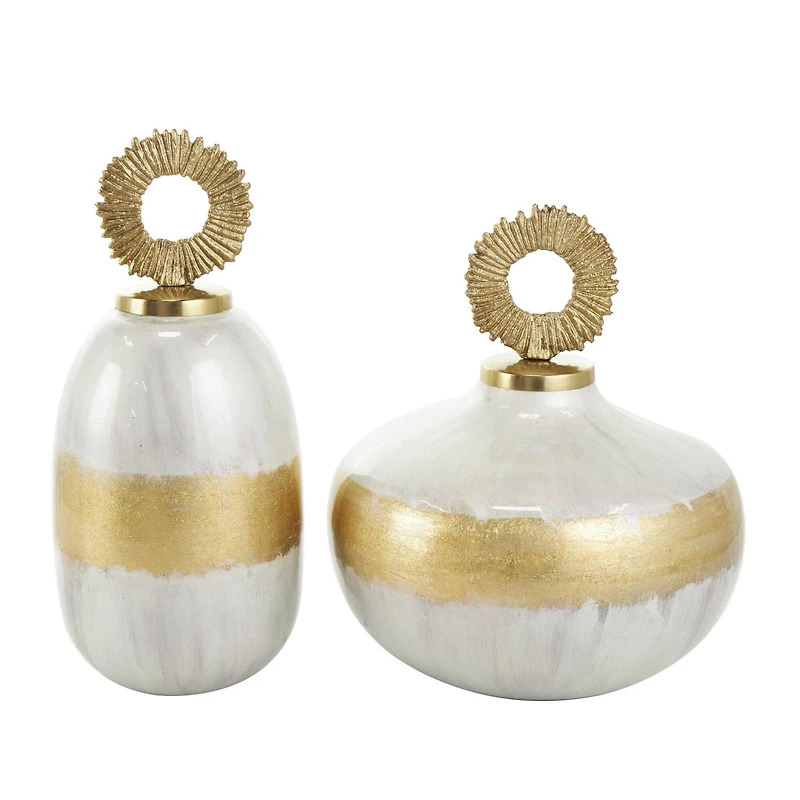 White Metal Abstract Brushed Decorative Jar Set with Gold Detailing & Ring Handles