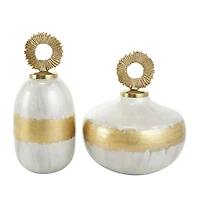 White Metal Abstract Brushed Decorative Jar Set with Gold Detailing & Ring Handles