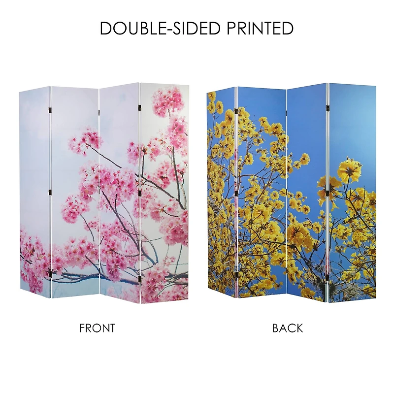 American Art Decor™ 6ft. Double-Sided 4-Panel Cherry Blossom, Golden Flowers Canvas Room Divider