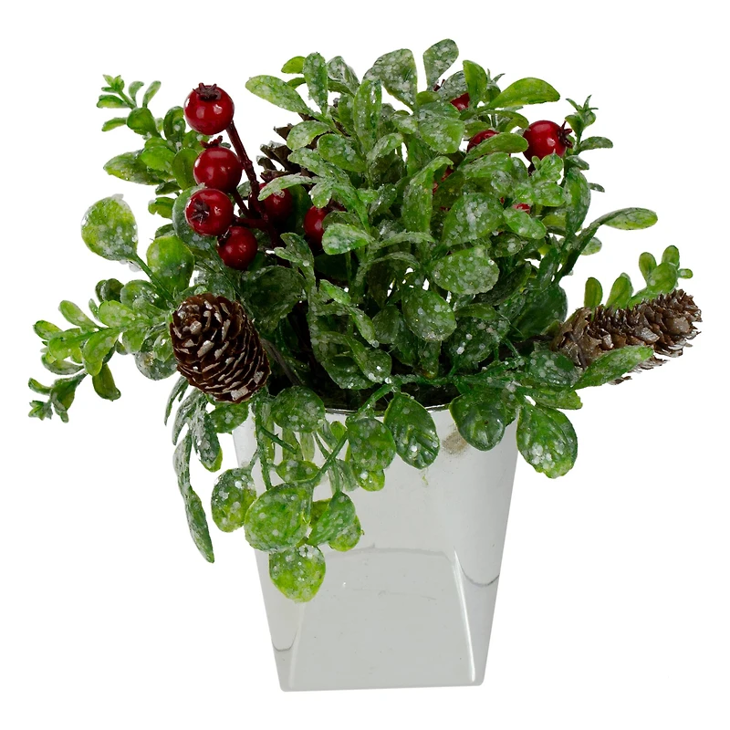 8" Green & Silver Potted Artificial Boxwood with Berries Christmas Arrangement