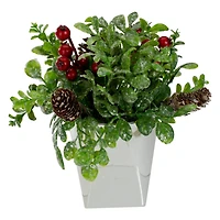 8" Green & Silver Potted Artificial Boxwood with Berries Christmas Arrangement