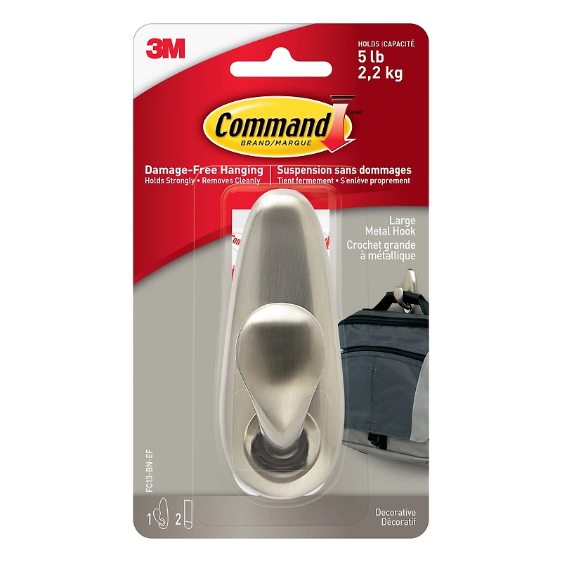 Command™ Large Brushed Nickel Decorative Metal Hook