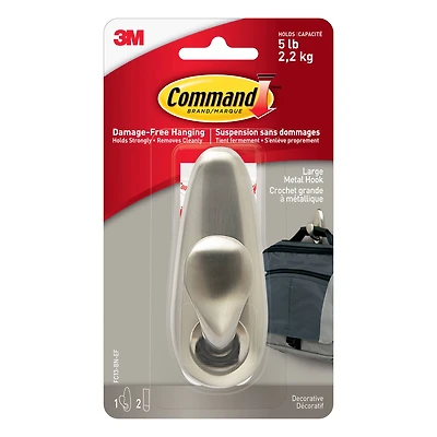 Command™ Large Brushed Nickel Decorative Metal Hook
