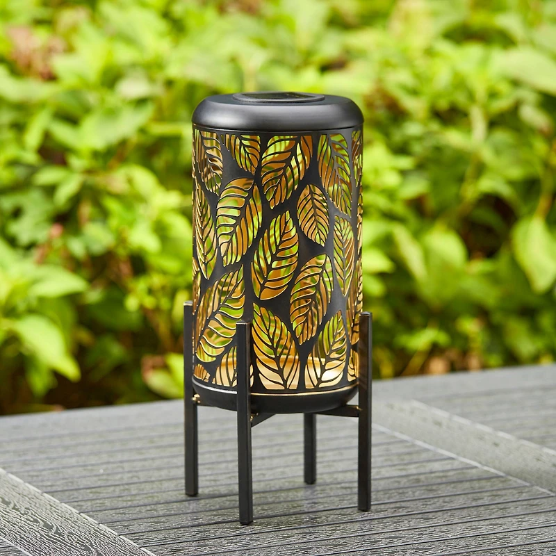 Glitzhome® 14.25" Black Metal Cutout Leaves Pattern Solar Powered LED Outdoor Lantern