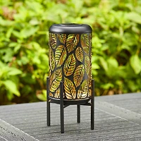 Glitzhome® 14.25" Black Metal Cutout Leaves Pattern Solar Powered LED Outdoor Lantern