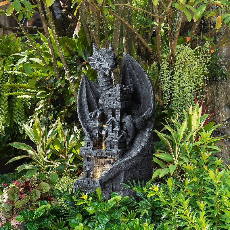 Glitzhome® 36.5" 4-Tier Gothic Dragon Sculptural Outdoor Fountain with LED Light