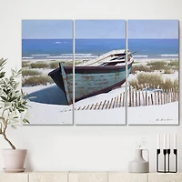 Designart - Blue Boat on Beach - Beach Canvas Artwork