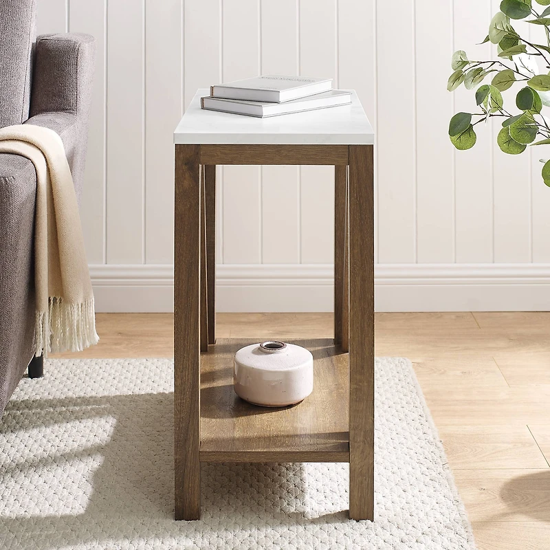 Walker Edison Faux White Marble & Natural Walnut A-Frame Side Table