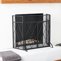 Black Metal Geometric Diamond 3-Panel 2 Door Fireplace Screen