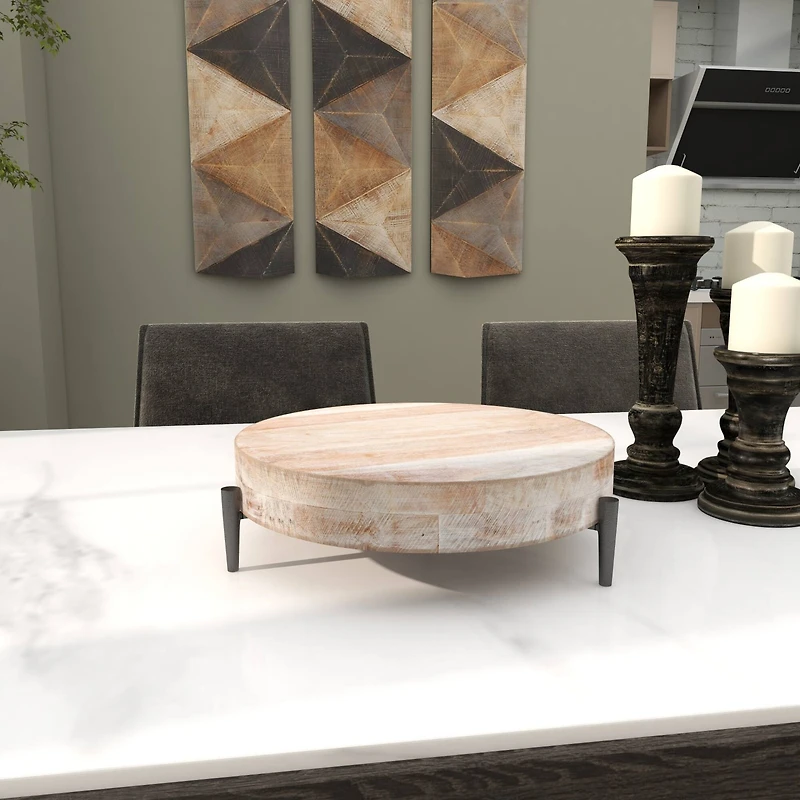 13" Cream Mango Wood Tray with Black Metal Leg