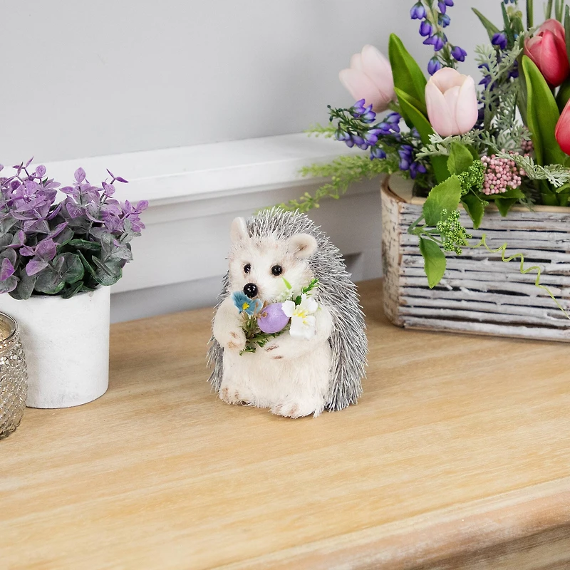 5" Cream & Gray Easter Hedgehog Floral Figurine
