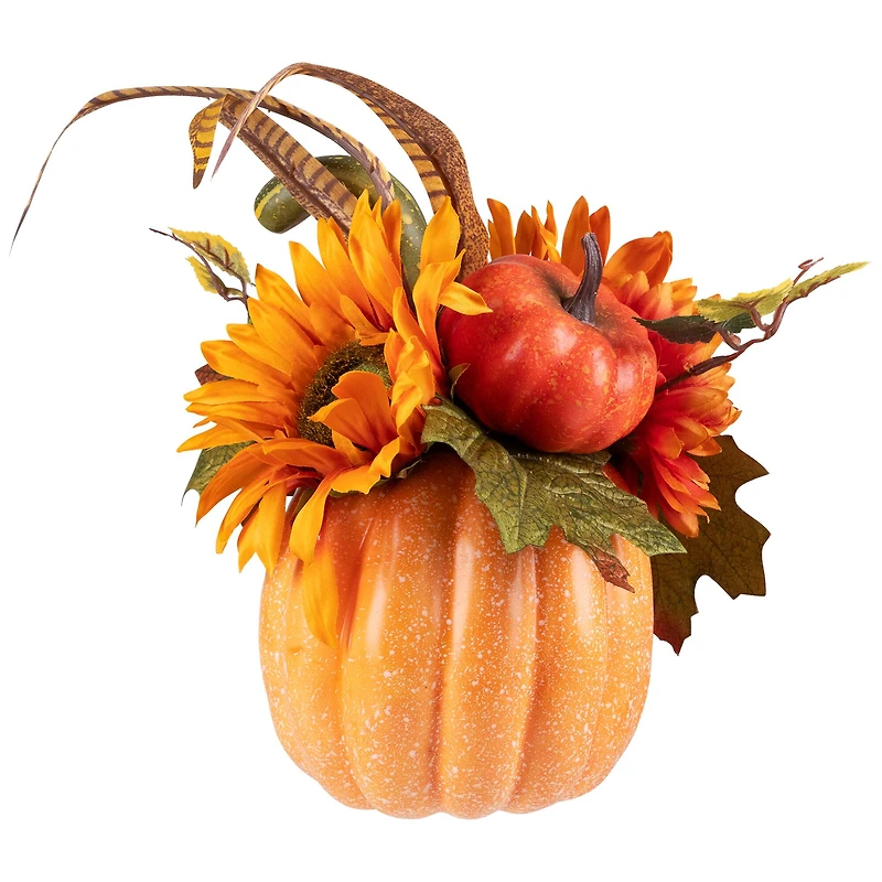 10" Autumn Harvest Pumpkin with Sunflowers, Mums & Pine Cones Décor