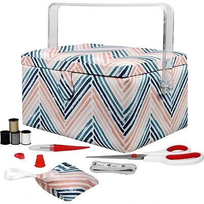 SINGER® Large Teal Zig Zag Print Premium Sewing Basket with Sew Kit