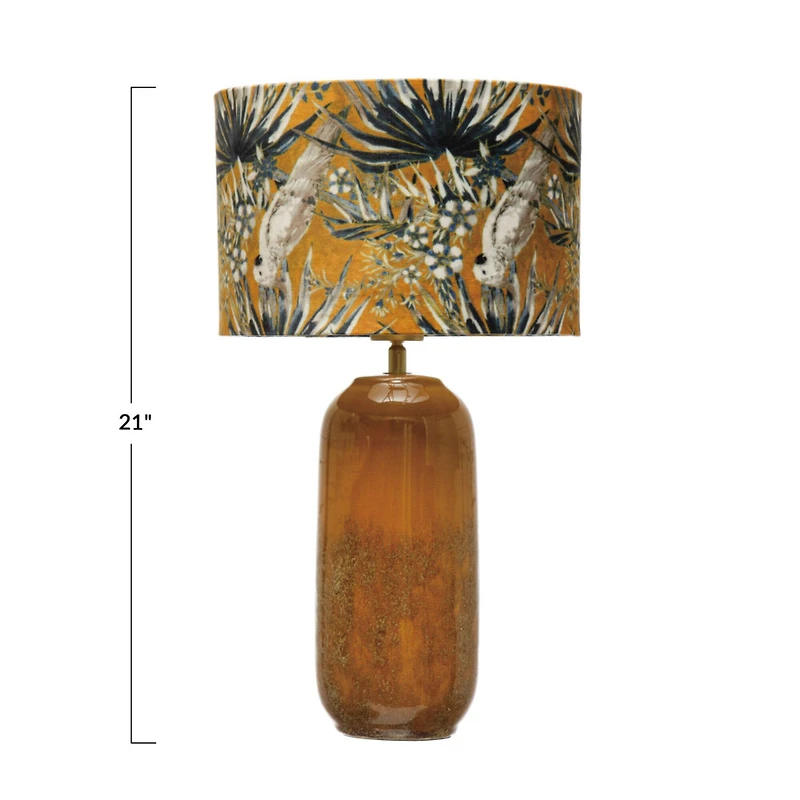 Hello Honey® 21" Reactive Glaze Stoneware Table Lamp with Cockatoo Print Velvet Shade and Inline Switch
