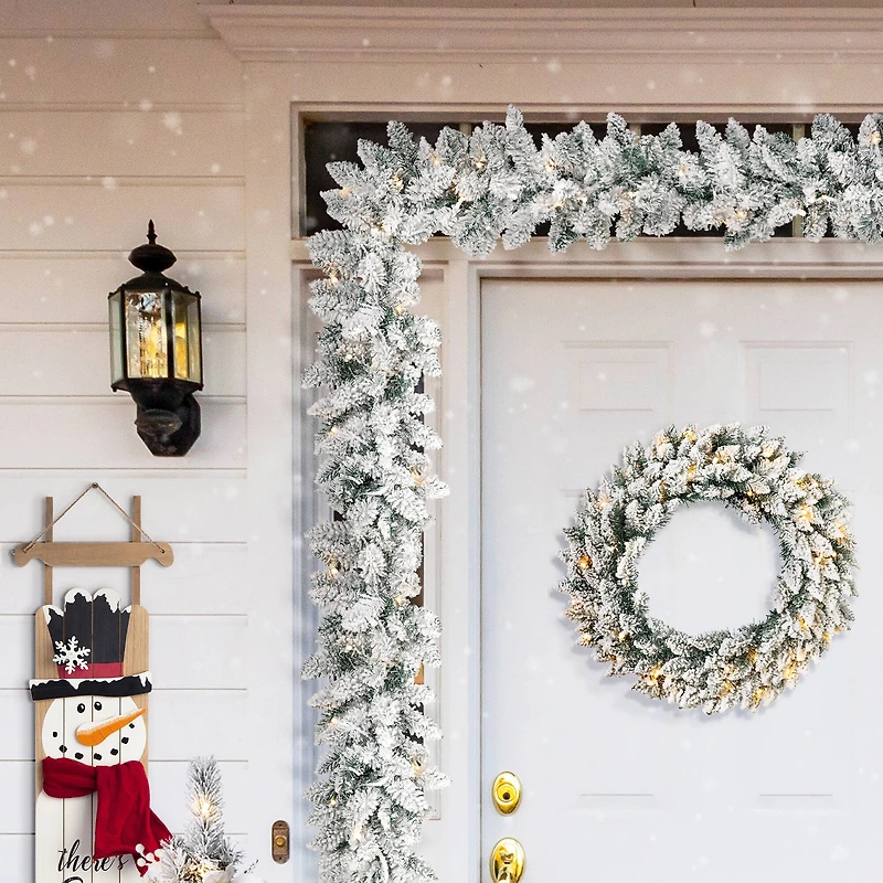 Glitzhome® 36" Oversized Pre-Lit Snow Flocked Christmas Wreath & Garland Set