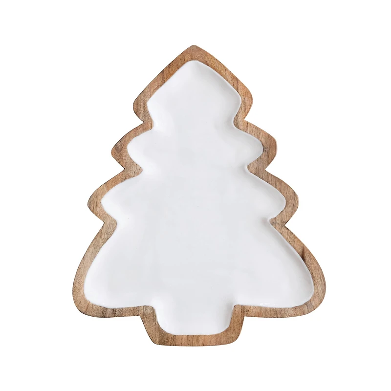 Hello Honey® 14.5" White & Natural Enameled Mango Wood Christmas Tree Shaped Tray