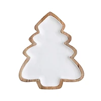 Hello Honey® 14.5" White & Natural Enameled Mango Wood Christmas Tree Shaped Tray