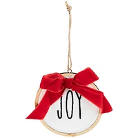 Embroidered Joy with Bow Wooden Disc Christmas Ornament - 4.5" - Red and White