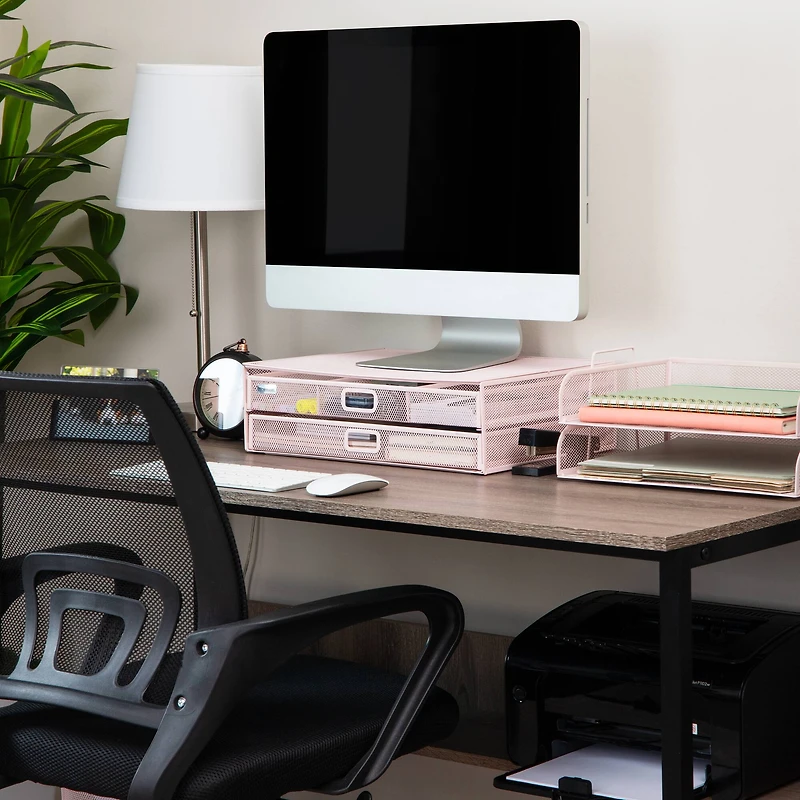 Mind Reader Mesh Monitor Stand with Storage Drawer, Ventilated Laptop Riser and Desktop Organizer, Office, Metal Mesh, Pink