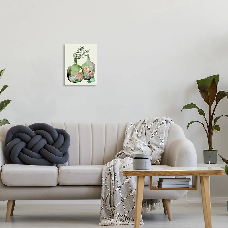 Stupell Industries Fern Foliage in Green Glass Jugs Nautical Seashells Wall Plaque