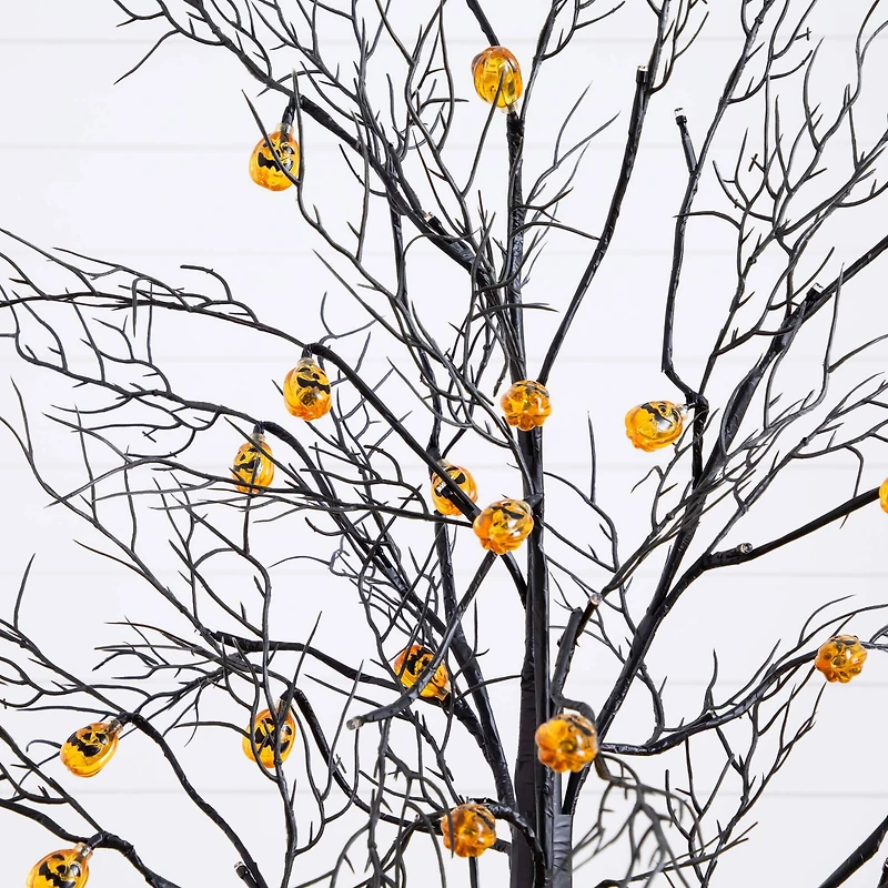 4ft. Pre-Lit Artificial Halloween Black Twig Tree with 24 Orange LED Pumpkin Shaped Lights