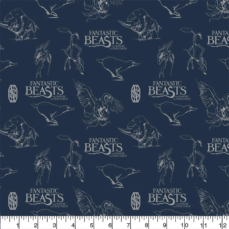 Harry Potter™ Metallic Fantastic Beasts™ Logo & Creatures on Navy Cotton Fabric