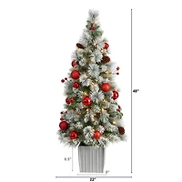 4ft. Pre-Lit Winter Flocked Artificial Christmas Tree in Decorative Planter, White LED Lights