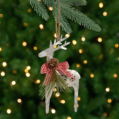 6.25" Silver Metal Reindeer Christmas Ornament With Gingham Bowtie & Pine