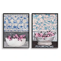 Stupell Industries Flowers In Bath Tub Pink Blue Interior Design in Black Frame Wall Art