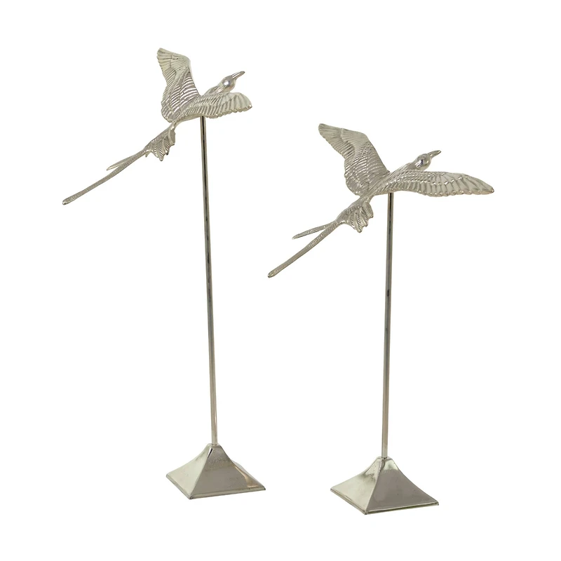Silver Aluminum Eclectic Bird Sculpture, Set of 2 32", 25"