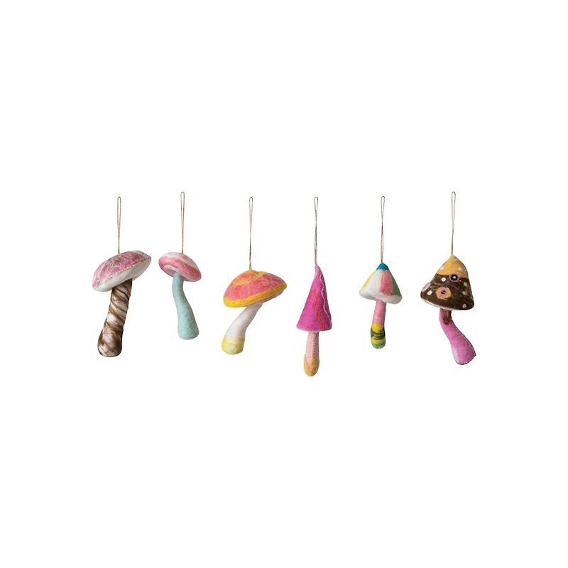 Hello Honey® 6 Pack 7.5" Handmade Wool Felt Mushroom Ornaments