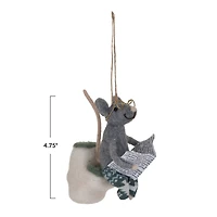 Hello Honey® 4.75" Handmade Wool Felt Mouse on Toilet with Glasses & Newspaper Ornament