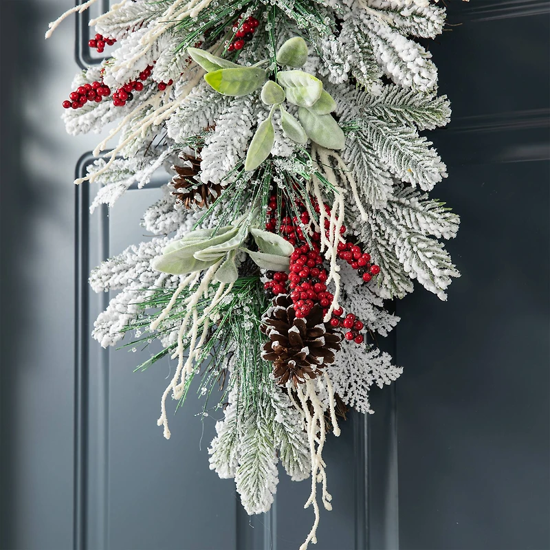 Glitzhome® 28"Christmas Flocked Pinecone & Berry Teardrop