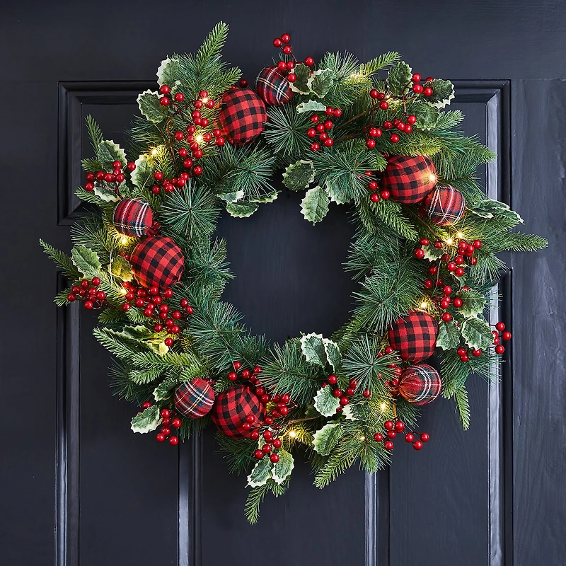 Glitzhome® 24" Pre-Lit Ornament, Berry, Holly & Pine Wreath