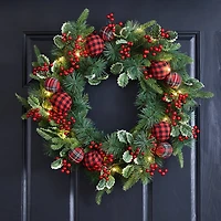 Glitzhome® 24" Pre-Lit Ornament, Berry, Holly & Pine Wreath