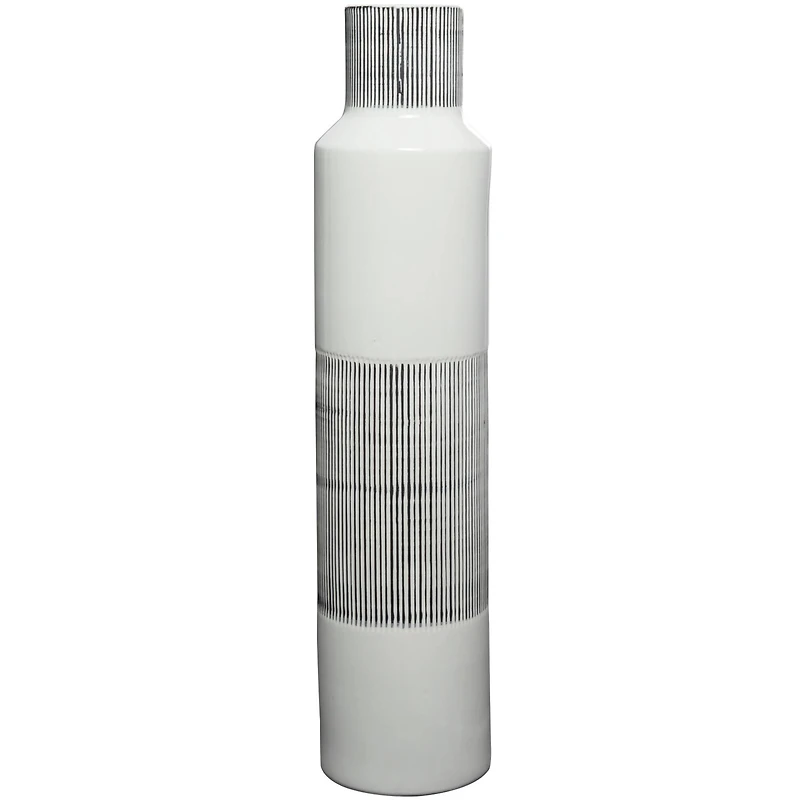 Glossy White Ceramic Vase with Vertical Stripes