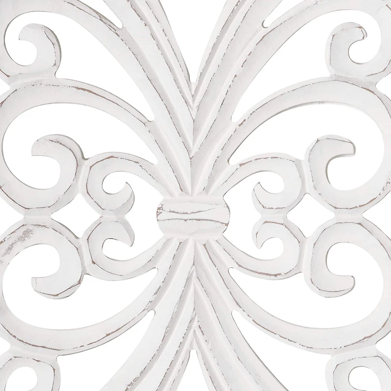 American Art Décor™ 36" Distressed Hand-Carved White Wood Wall Accent Medallion Panel