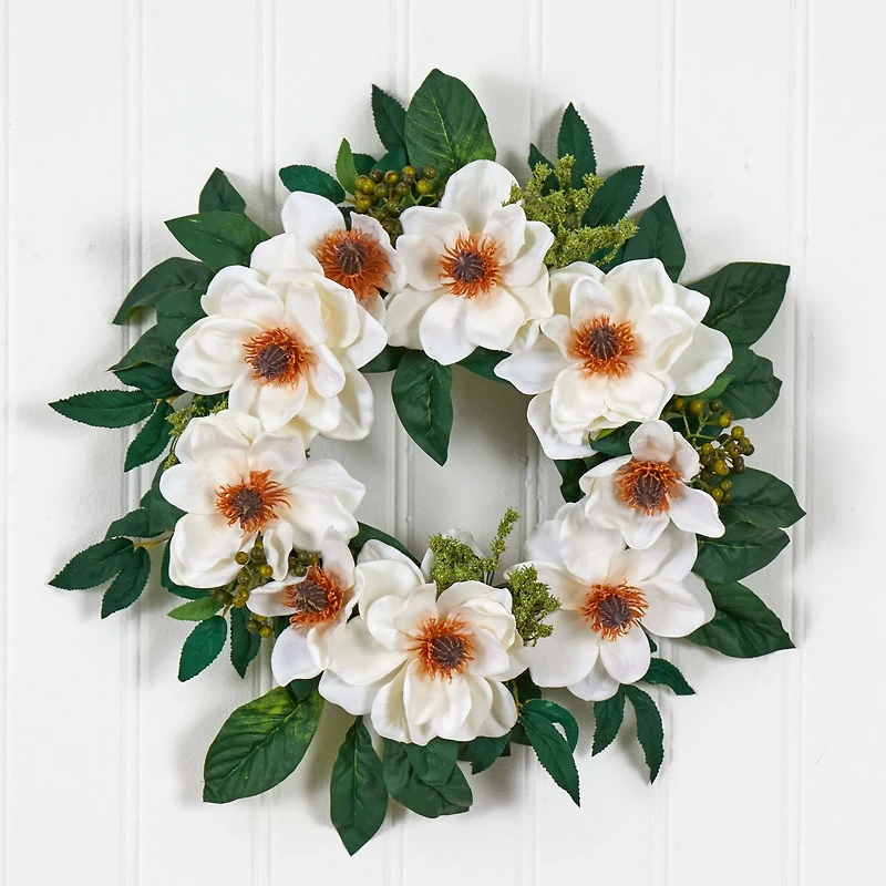 22" White Magnolia Wreath