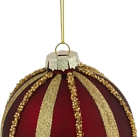 2ct. 4" Burgundy and Gold Striped Beaded Christmas Glass Ball Ornaments