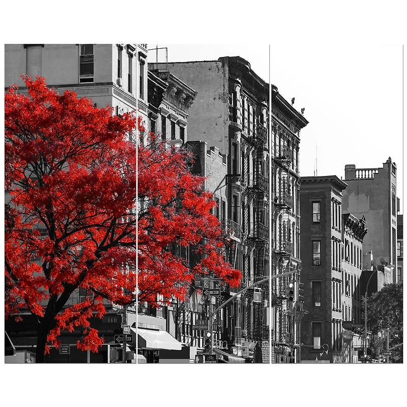 Designart - Red Tree on Black and White New York City Street