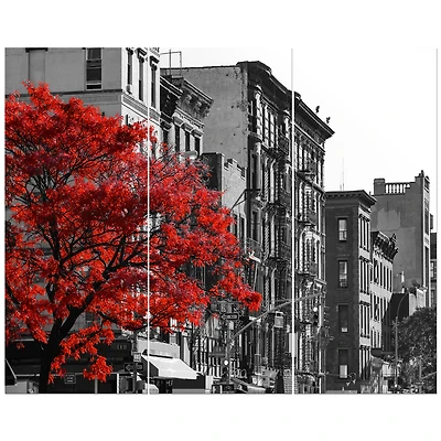 Designart - Red Tree on Black and White New York City Street