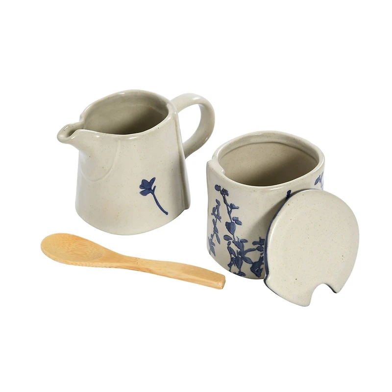 Hello Honey® Antique White & Blue Hand Stamped Stoneware Sugar Pot & Creamer Set