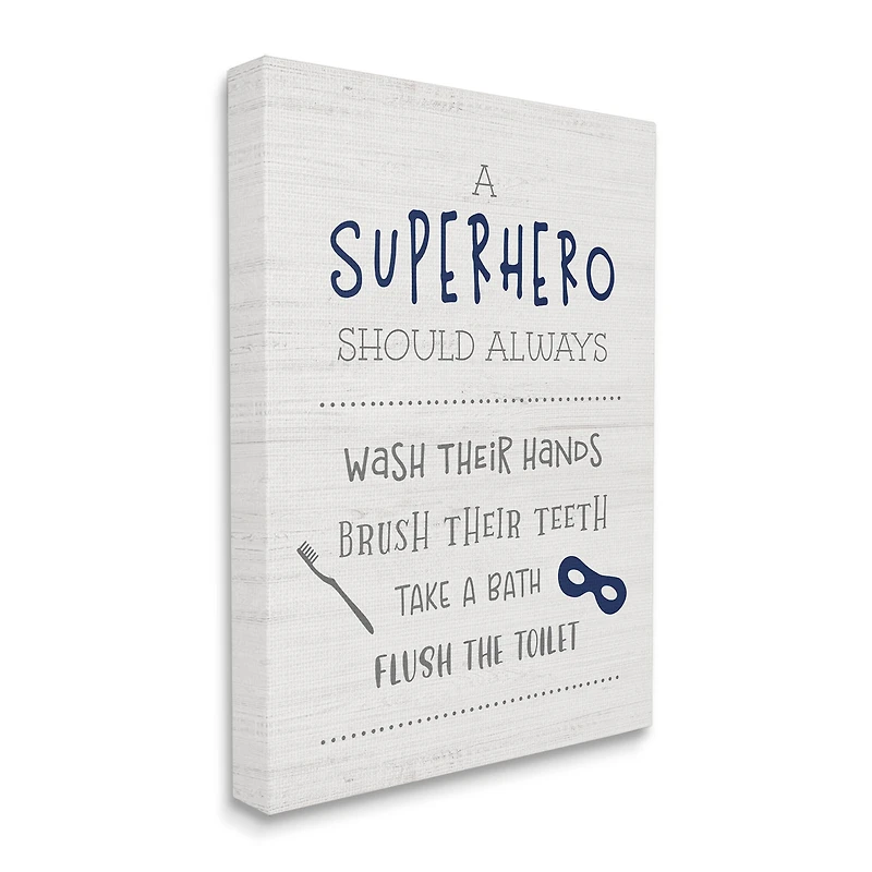 Stupell Industries Superhero Bathroom Rules Good Hygiene Phrases Blue Mask Canvas Wall Art