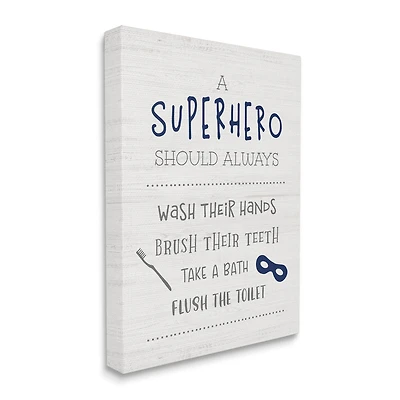 Stupell Industries Superhero Bathroom Rules Good Hygiene Phrases Blue Mask Canvas Wall Art