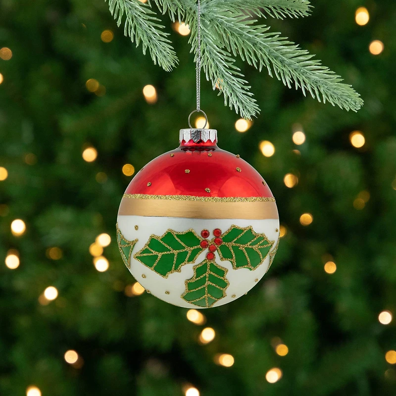 2ct. Holly & Berries Glittered Christmas Glass Ball Ornaments